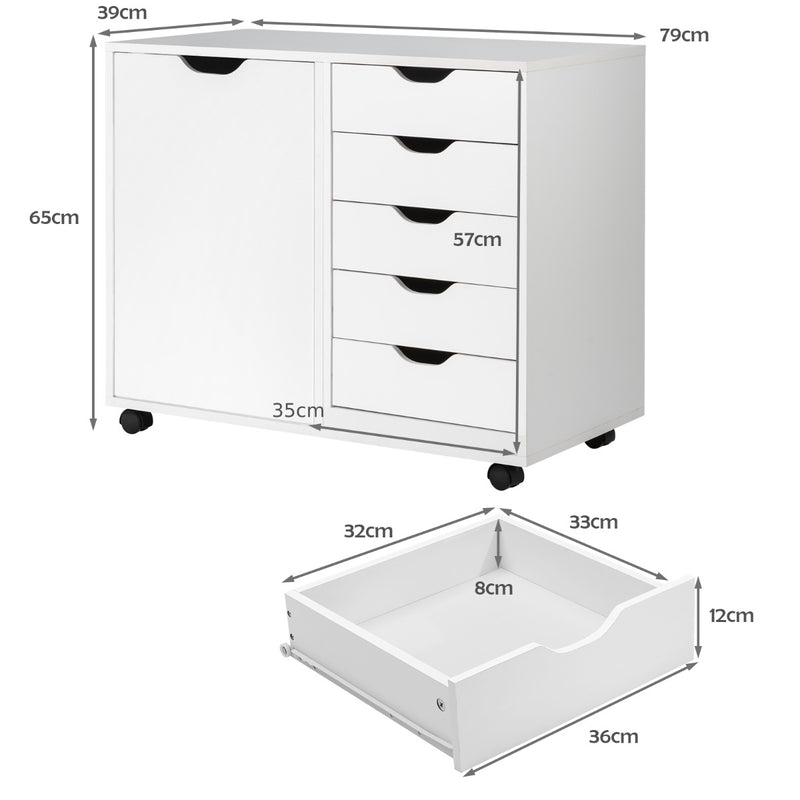 5-Drawer Mobile Side Cabinet with Wheels-White