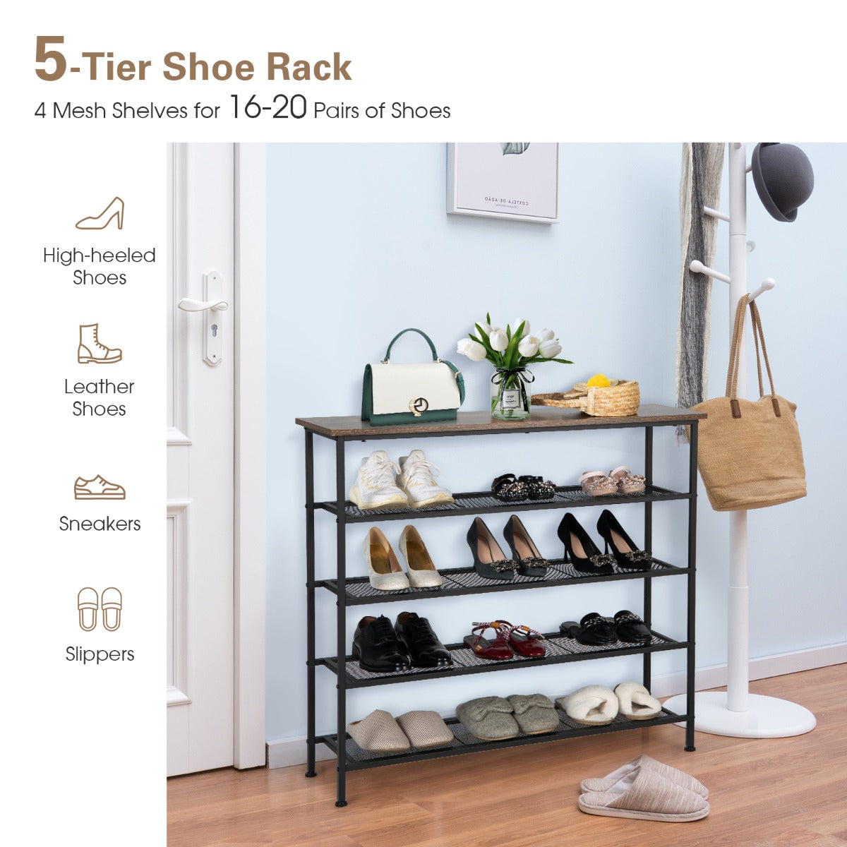 Shoe Rack 5-Tier Shoe Storage Organizer W/4 Metal Mesh Shelves for 16-20  Pairs
