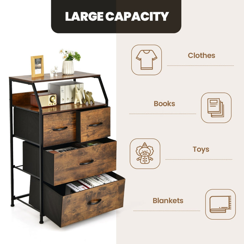 Free Standing Floor Storage Chest with Steel Frame and Fabric Bins-Brown