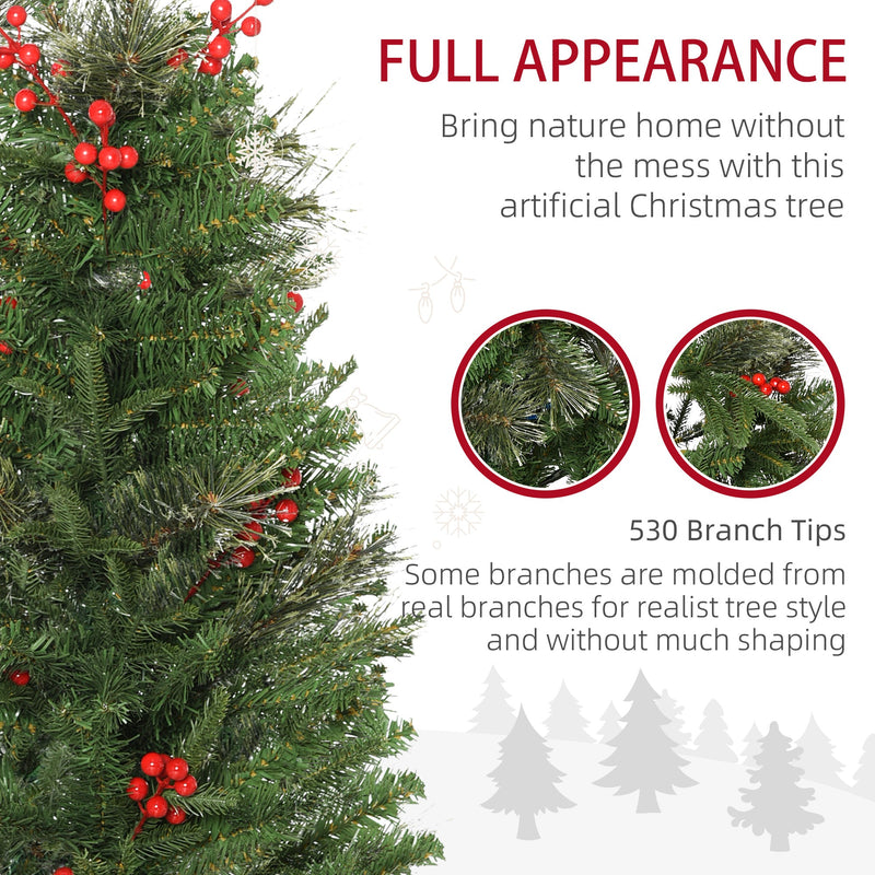 HOMCOM Pencil Artificial Christmas Tree with Realistic Branches, Red Berries, Auto Open, Green