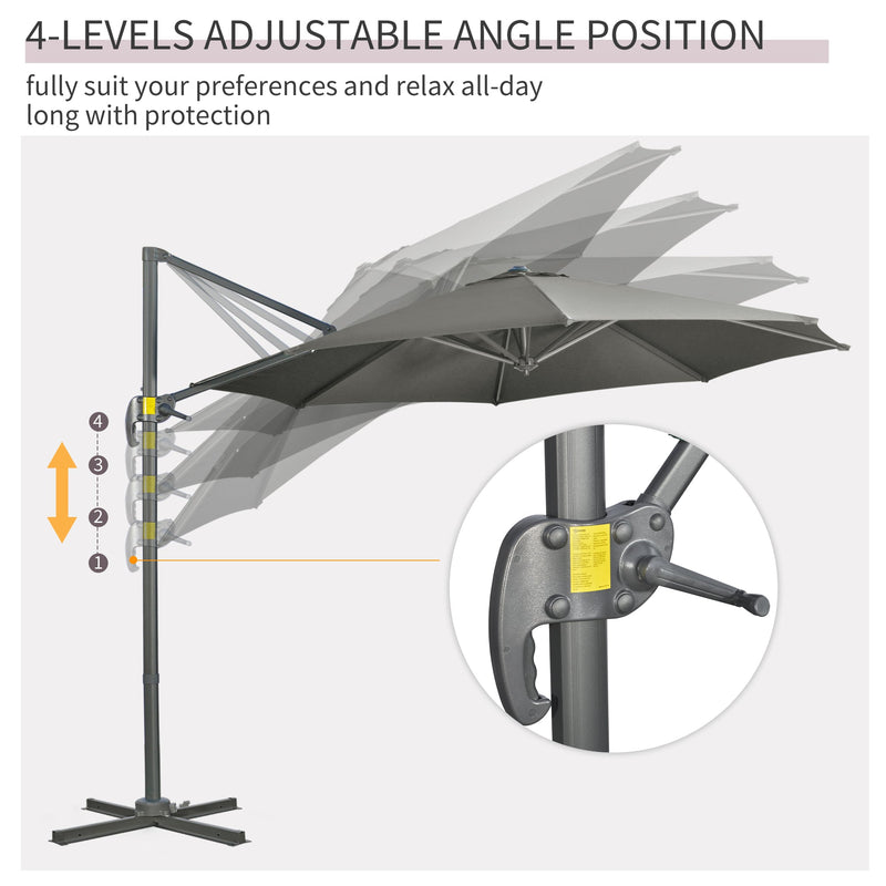 Outsunny 3 x 3(m) Cantilever Parasol with Cross Base, Garden Umbrella with 360° Rotation, Crank Handle and Tilt for Outdoor, Patio, Grey