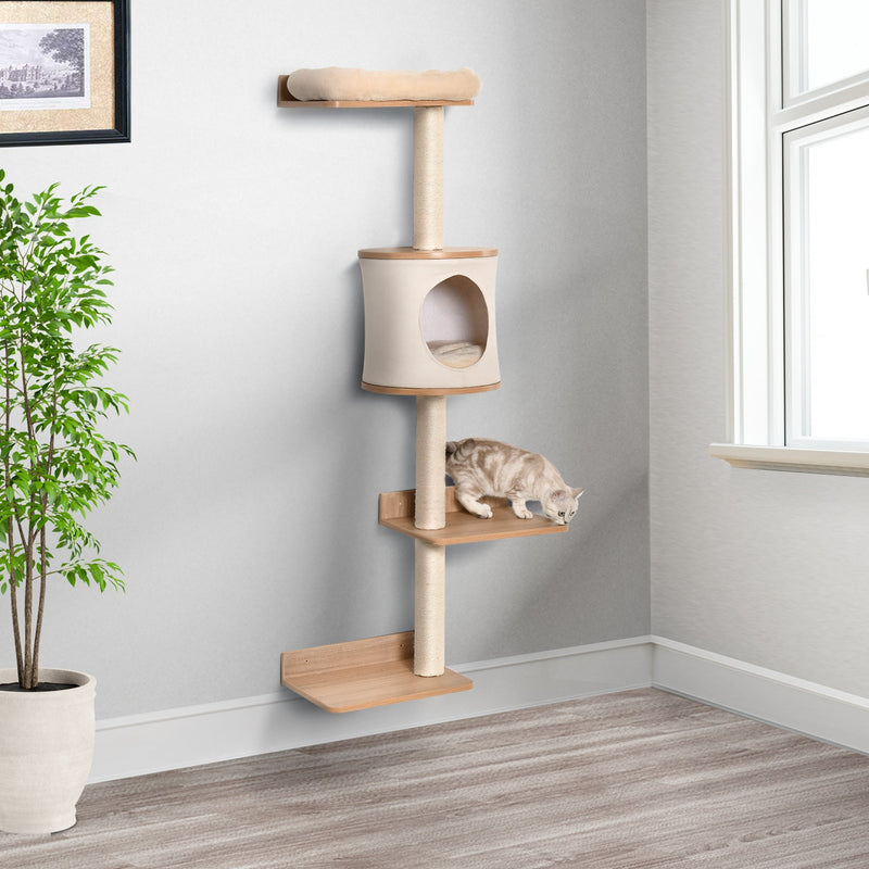 PawHut Cat Tree Cat Shelf Wall-Mounted Shelter Kitten Perch Climber Cat Furniture with Condo Bed Scratching Post 38 x 30 x 149cm Light Brown