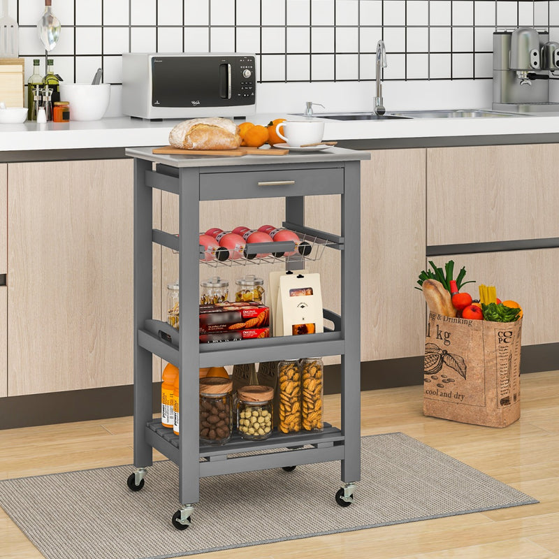 4-Tier Rolling Trolley Cart with Lock Wheels Basket and Drawer-Grey