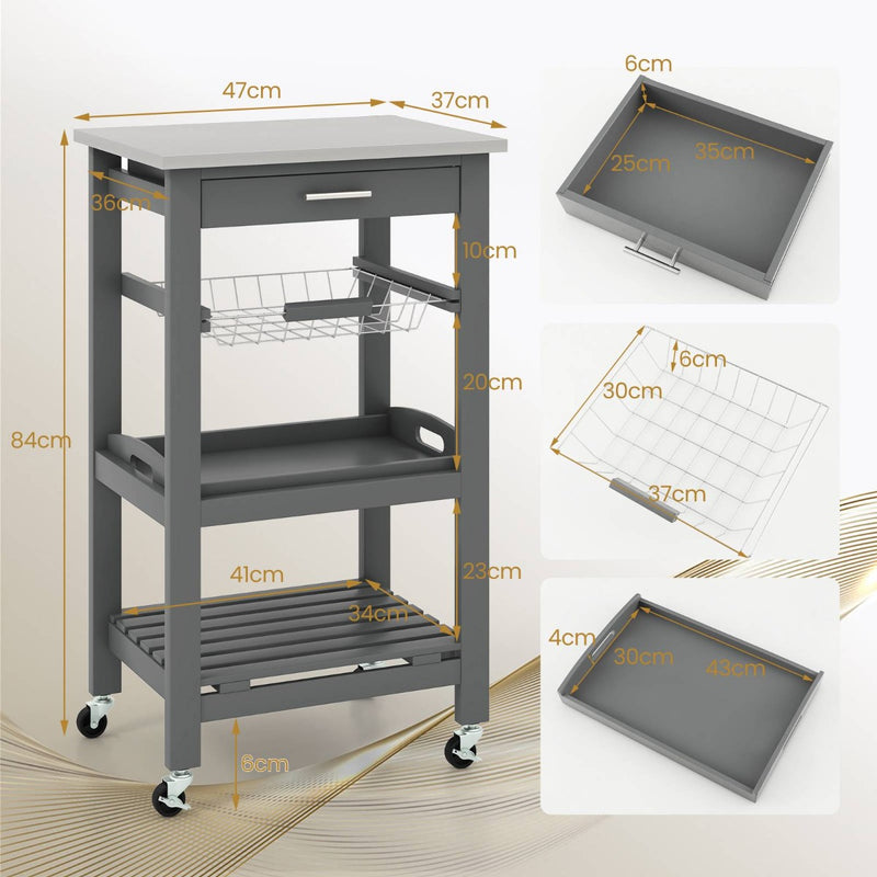 4-Tier Rolling Trolley Cart with Lock Wheels Basket and Drawer-Grey