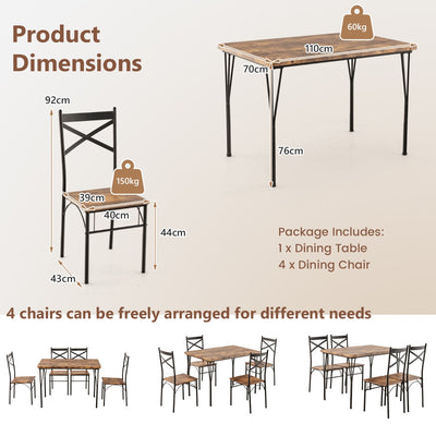 Juego de mesa de comedor de 5 piezas con marco de metal, color marrón