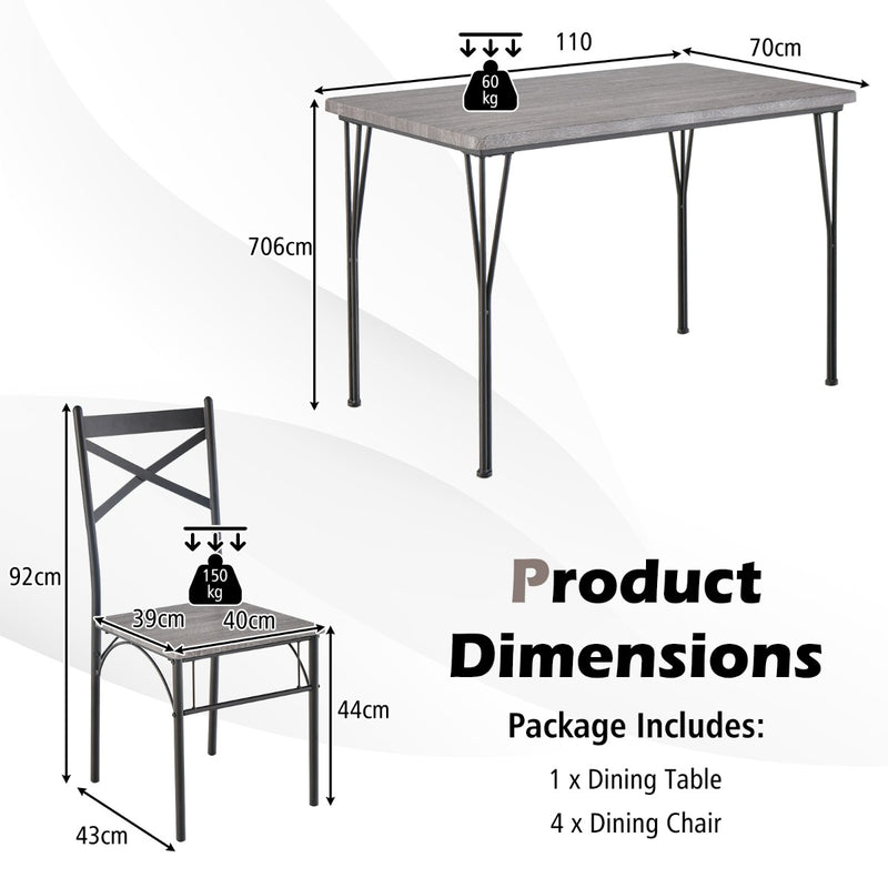 Juego de mesa de comedor de 5 piezas con estructura de metal, color gris