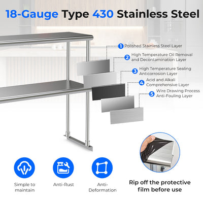 Double Tier Stainless Steel Overshelf with Adjustable Lower Shelf for Restaurant