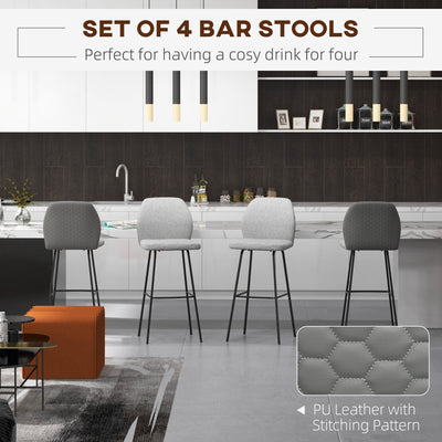 HOMCOM Bar Stools Set of 4, Linen-Touch Upholstered Bar Chairs, Kitchen Stools with Backs and Steel Legs for Dining Room, Light Grey