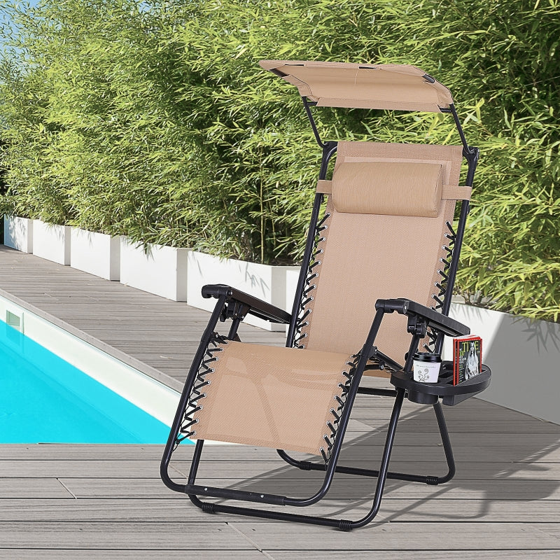 Steel Frame Zero Gravity Outdoor Garden Deck Chair W/ Canopy Beige