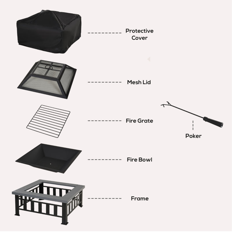 Metal Large Firepit Outdoor Square Brazier , Black