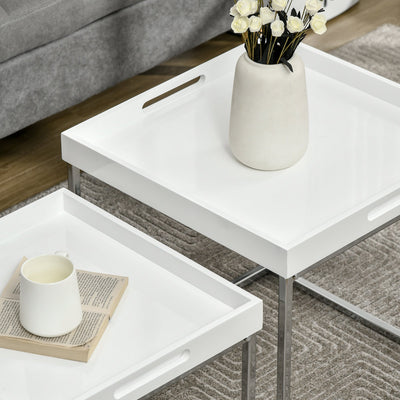 HOMCOM Modern Coffee Table Set of 2, Square Nest of Tables with Steel Frame and High Gloss Effect for Living Room, White