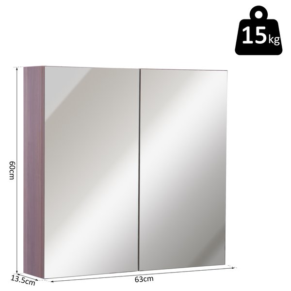 63Wx60Hx13.5T Cm. Wall Mounted Glass Bathroom Mirror Cabinet Storage Shelf - Light Walnut