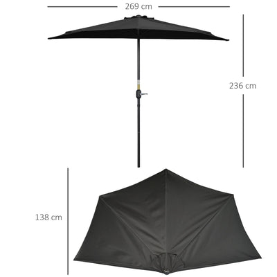 Outsunny 2.7m Balcony Half Parasol 5 Steel Ribs Construction Garden Outdoor Umbrella Black