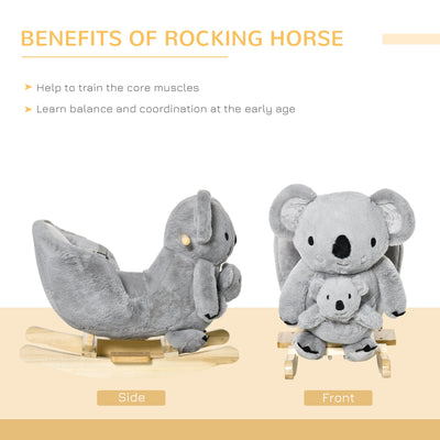 HOMCOM Kids Plush Ride-On Rocking Horse Koala-shaped Plush Toy Rocker with Gloved Doll Realistic Sounds for Child 18-36 Months Grey