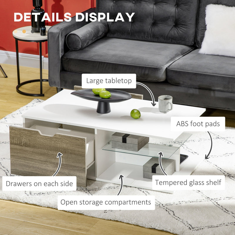 HOMCOM Coffee Table, Modern Tea Table with Tempered Glass Shelves, and Two Drawers, Coffee Tables for Living Room, Bed Room, White