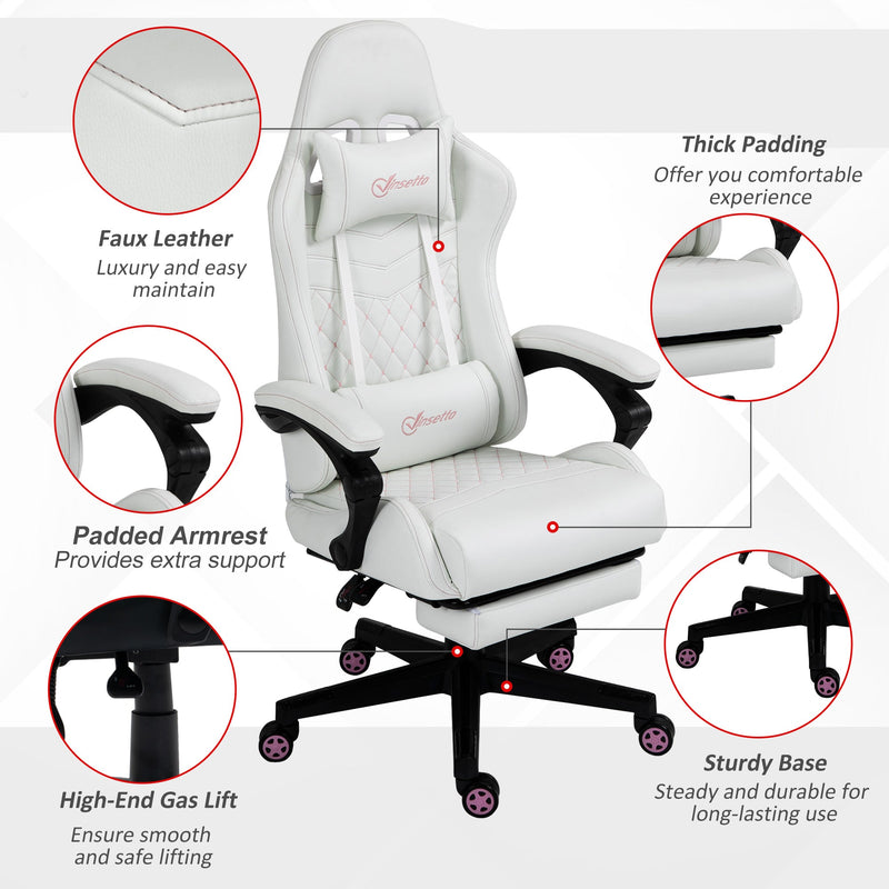 Vinsetto Racing Gaming Chair with Swivel Wheel, Footrest, PU Leather Recliner Gamer Desk for Home Office, White