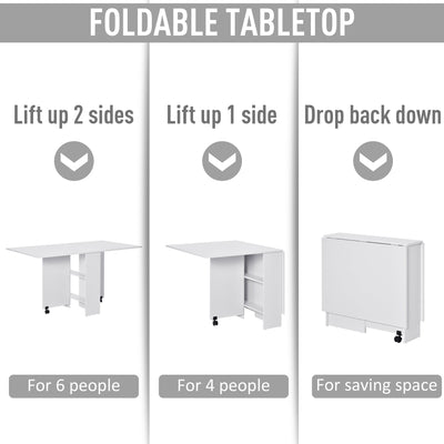 HOMCOM Mobile Drop Leaf Dining Kitchen Table Folding Desk For Small Spaces With 2 Wheels & 2 Storage Shelves White