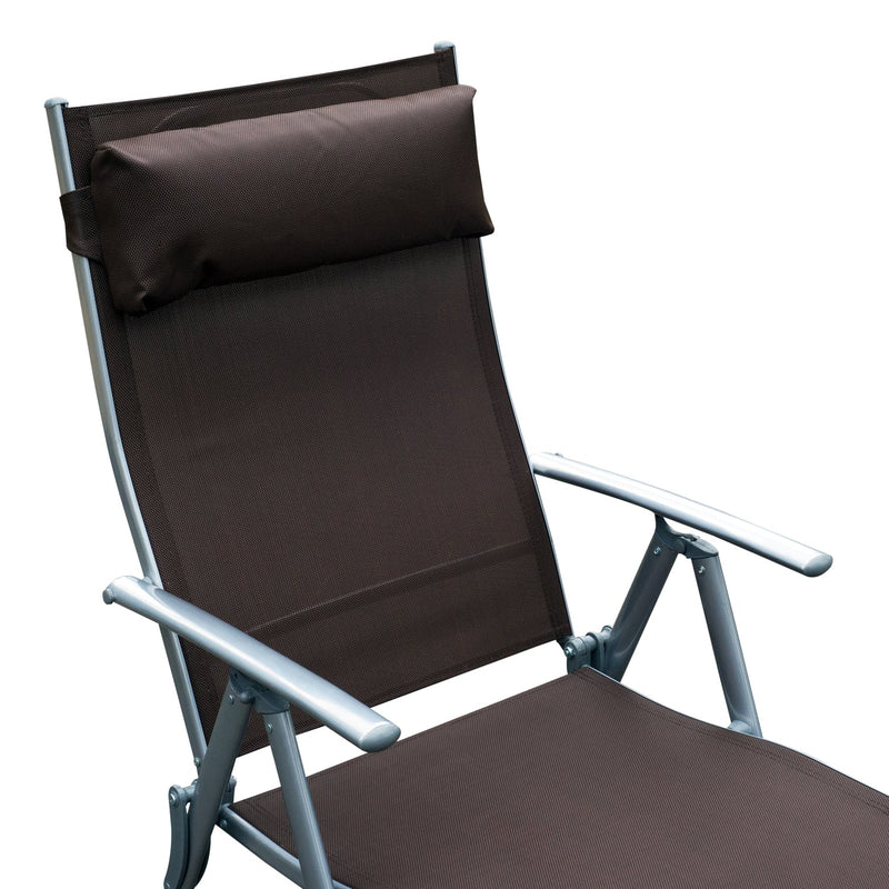 Outsunny Patio Sun Lounger Garden Texteline Foldable Reclining Chair w/ Pillow Outdoor Adjustable Recliner (Brown)