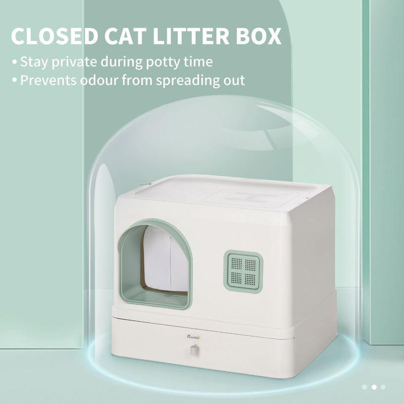 PawHut Cat Litter Box with Drawer Pan, Hooded Cat Litter Tray with Scoop, Deodorants, Front Entrance, 50 x 40 x 40 cm, White