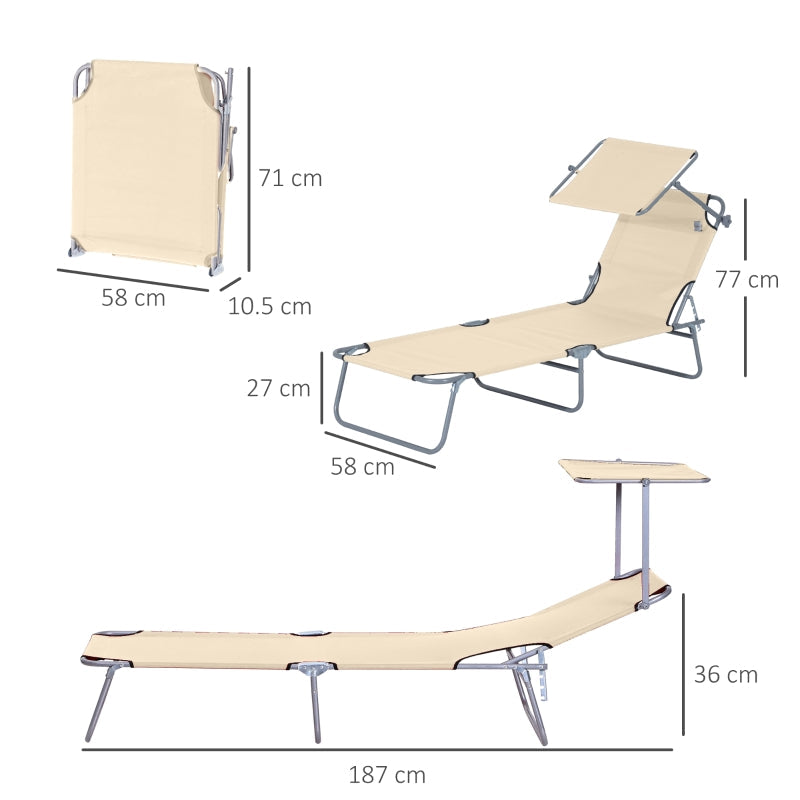 Reclining Chair Lounger Folding Seat With Shade Awning- Beige