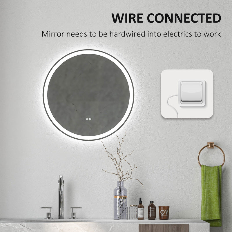 kleankin Round Bathroom Mirror with LED Lights, Wall Mount Dimmable Makeup Mirror with 3 Temperature Colours, Defogging Film, Memory Function and Aluminium Frame, Hardwired, 60 x 60 cm