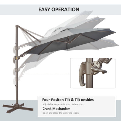 Outsunny 3(m) Cantilever Parasol 360° Rotation Roma Umbrella Hanging Sun Shade with Aluminum Frame, Tilt Crank, 8 Ribs and Cross Base, Dark Grey