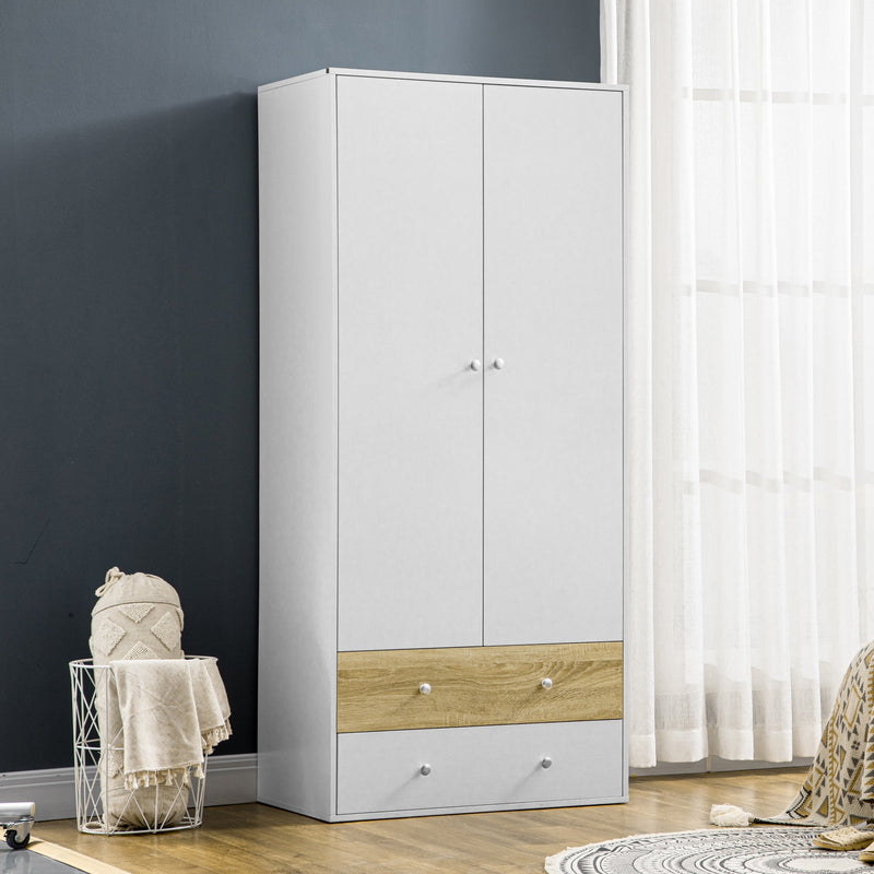 HOMCOM 2 Door Wardrobe White Wardrobe with Drawers and Hanging Rod for Bedroom Clothes Organisation and Storage