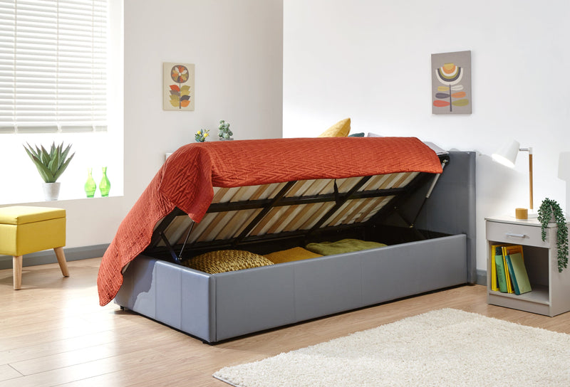 Side Lift Ottoman Bed Grey Leather