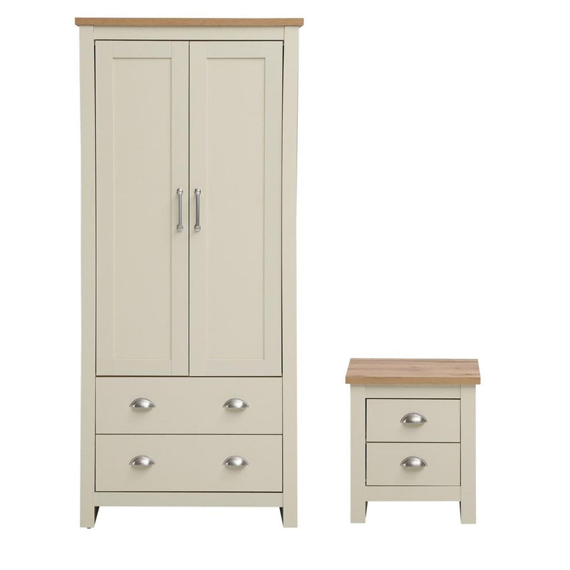 Lisbon 2 Piece Bedroom Set: 2 door wardrobe + 2 drawer bedside table in cream & oak