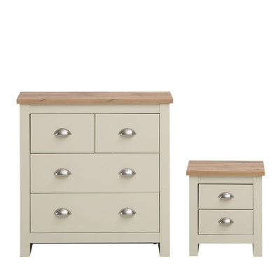 Lisbon 2 Piece Bedroom Set: 2 drawer bedside table / nightstand + 4 drawer chest of drawers in cream & oak