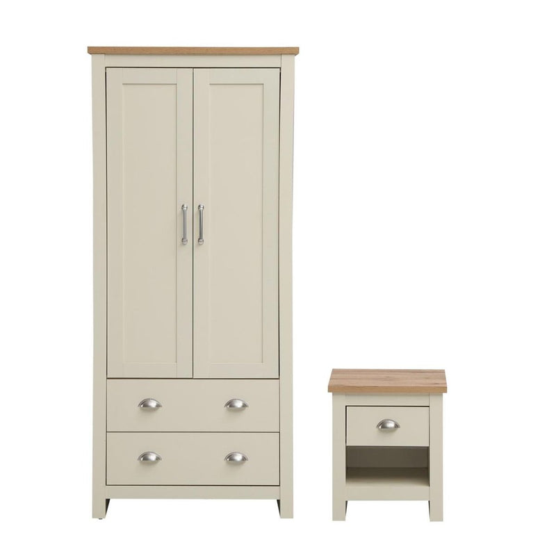 Lisbon 2 Piece Bedroom Set: 2 door wardrobe + 1 drawer bedside table / nightstand in cream & oak