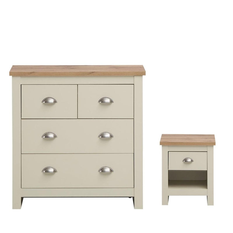 Lisbon 2 Piece Bedroom Set: 1 drawer bedside table / nightstand + 4 drawer chest of drawers in cream & oak