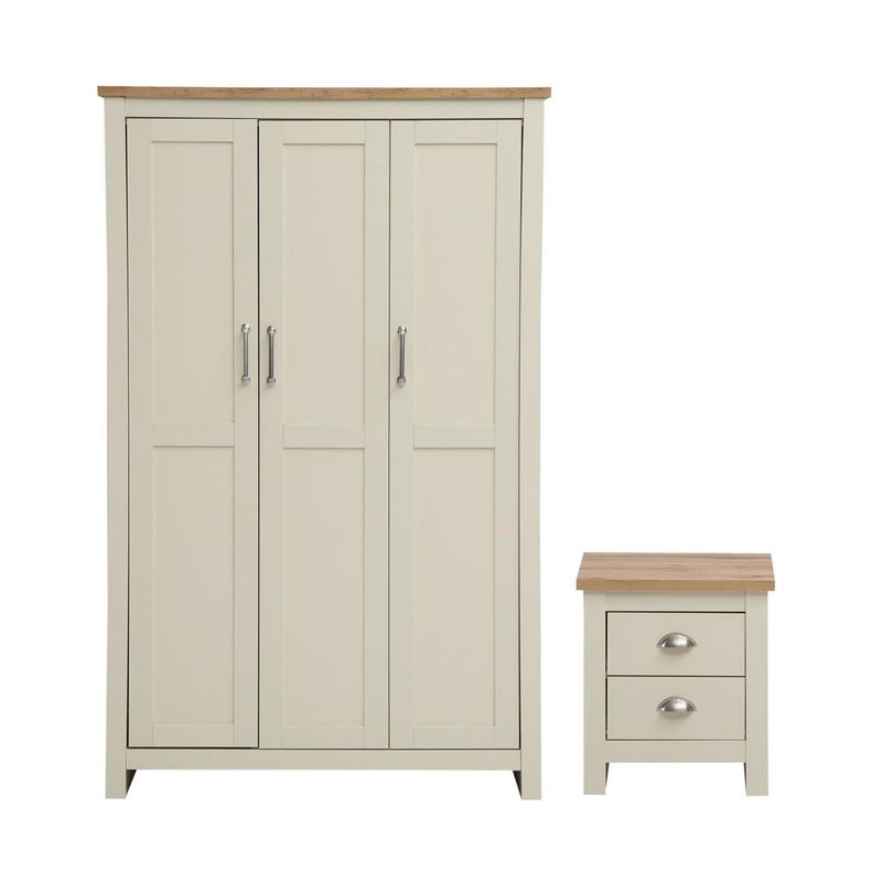 Lisbon 2 Piece Bedroom Set: 3 door wardrobe + 2 drawer bedside table / nightstand in cream & oak