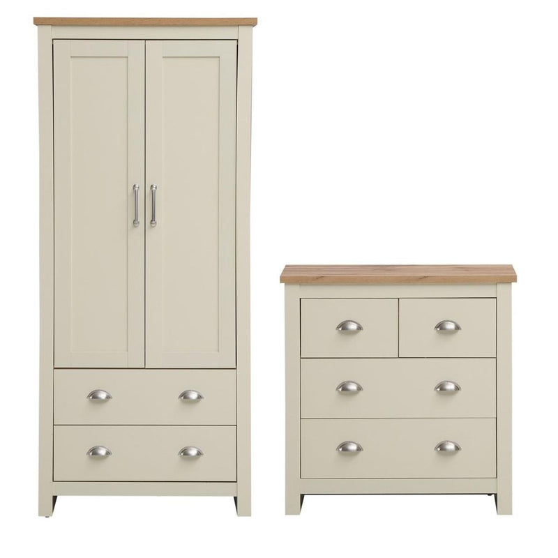 Lisbon 2 Piece Bedroom Set - 2 door wardrobe + 4 drawer chest of drawers in Cream & Oak