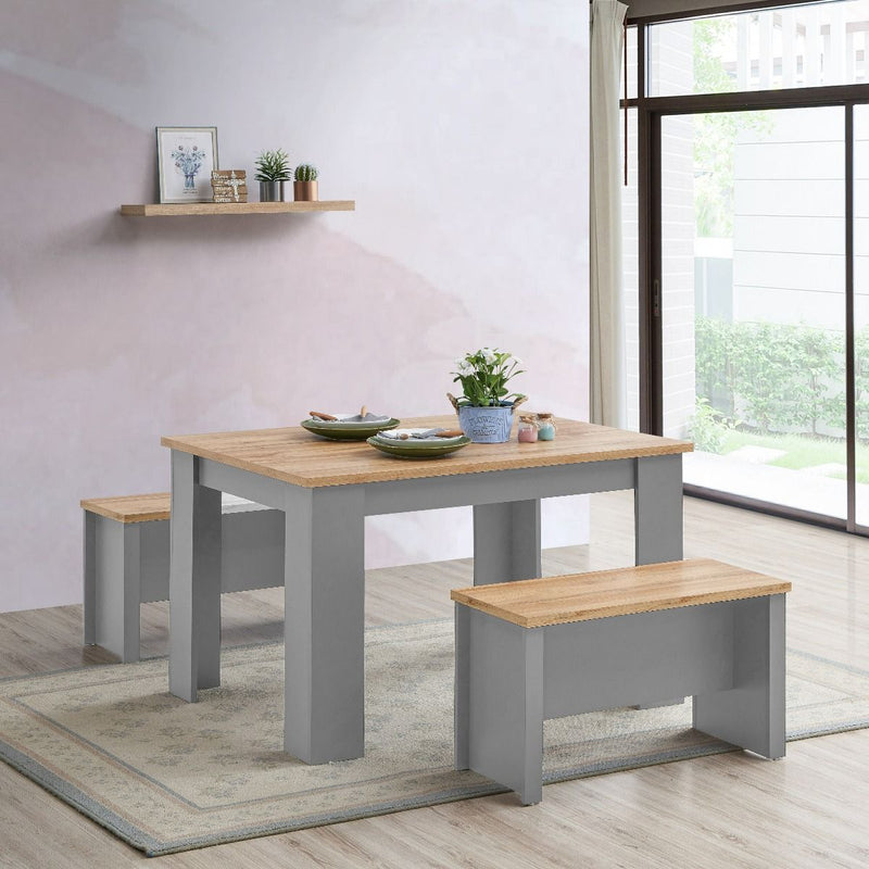 Lisbon 3 piece dining set: 120cm table, 2 benches in grey & oak