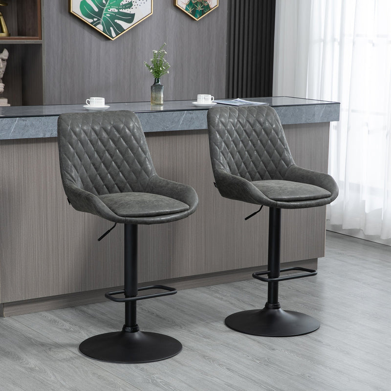 HOMCOM Retro Bar Stools Set of 2 Adjustable Kitchen Stool Upholstered Bar Chairs with Back Swivel Seat Dark Grey