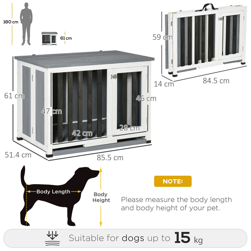 Jaula de madera plegable para perros PawHut, mesa auxiliar con bandeja extraíble para perros medianos y pequeños, color gris, 84,5 x 51,4 x 61 cm