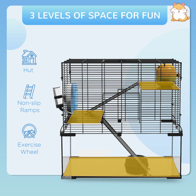 PawHut 3 Tiers Hamster Cage, Gerbil Cage with Deep Glass Bottom, Non-Slip Ramps, Platforms, Hut Exercise Wheels Water Bottle for Syrian Dwarf Hamster