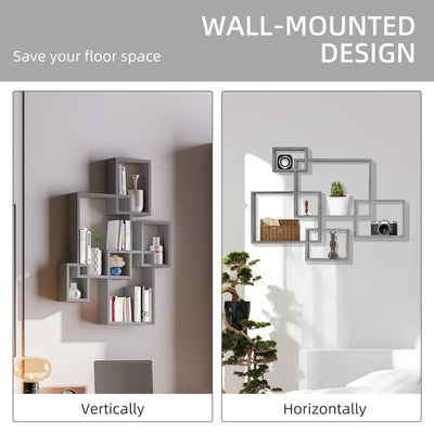 HOMCOM Floating Shelves, Wall Mounted Interlocking Cube Shelves, Display Wall Shelf for Living Room, Bedroom, Hallways, Grey