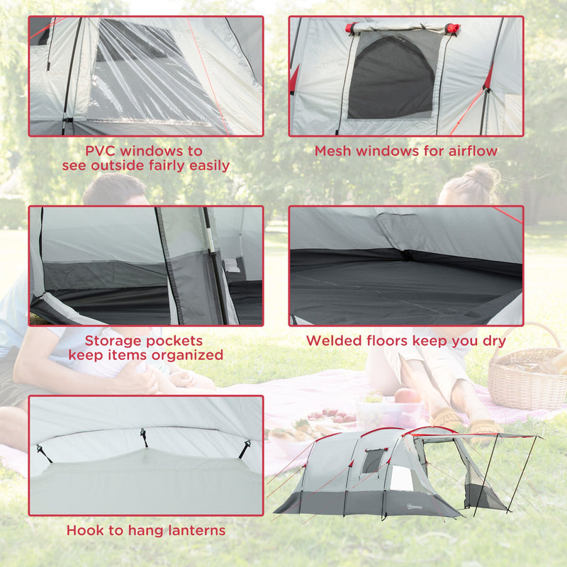 Outsunny 6-8 Person Tunnel Tent, Camping Tent with Bedroom, Living Room, Sewn-in Floor, 3 Doors and Carry Bag, 2000mm Water Column for Fishing, Grey