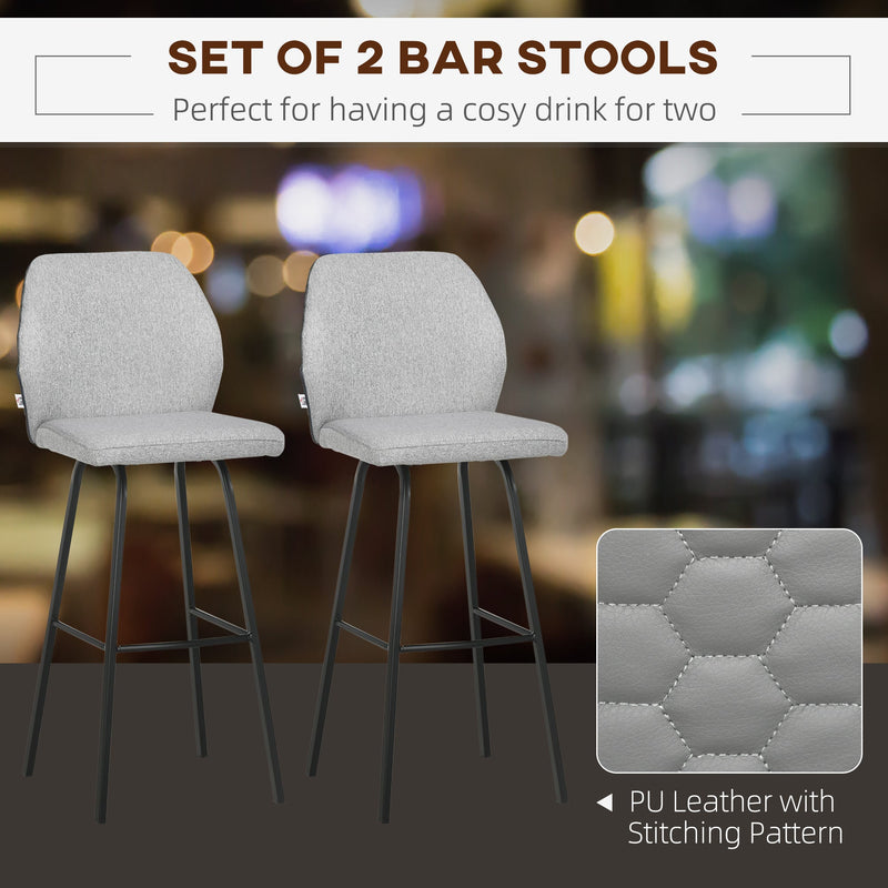 HOMCOM Bar Stools Set of 2, Linen-Touch Upholstered Bar Chairs, Kitchen Stools with Backs and Steel Legs, Light Grey