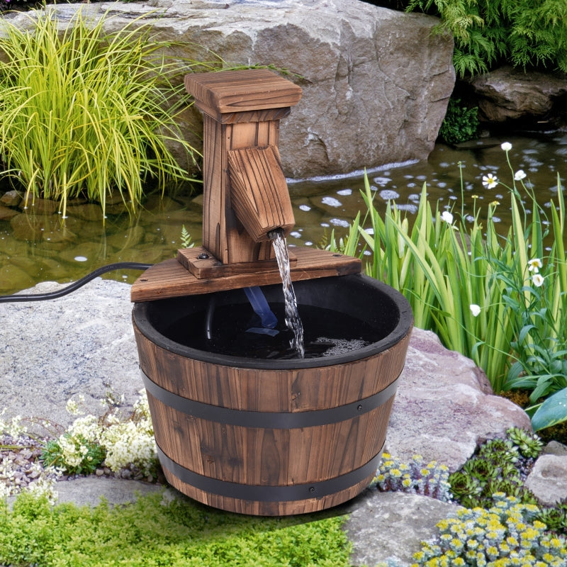 Wood Barrel Patio Water Fountain Garden Decorative Ornament Feature