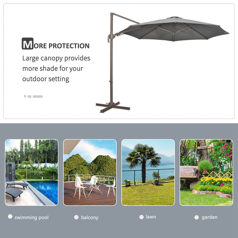 Outsunny 3(m) Cantilever Parasol 360° Rotation Roma Umbrella Hanging Sun Shade with Aluminum Frame, Tilt Crank, 8 Ribs and Cross Base, Dark Grey