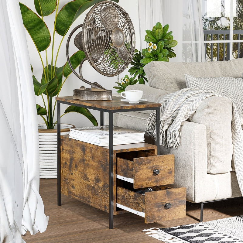 Side Table With 2 Drawers And Storage Shelf, Rustic Brown