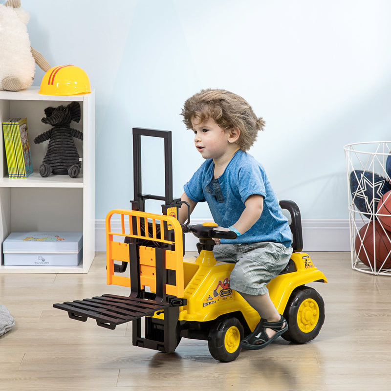 HOMCOM Kids Ride on Forklift Truck with Fork and Tray, Ride on Tractor with Under Seat Storage, Treaded Wheels, No Power Design, Controllable Level