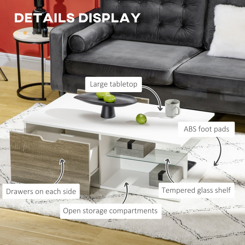 Modern Coffee Table With Tempered Glass Shelf And Two Drawers, White