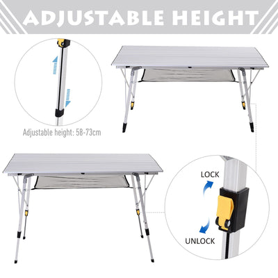 Outsunny 4FT Folding Aluminium Picnic Table Portable Camping BBQ Table Roll Up Top Mesh Layer Rack with Carrying Bag