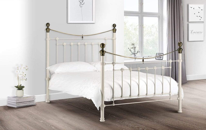 Victoria Stone White Bed Metal Bed - Stone White With Brass