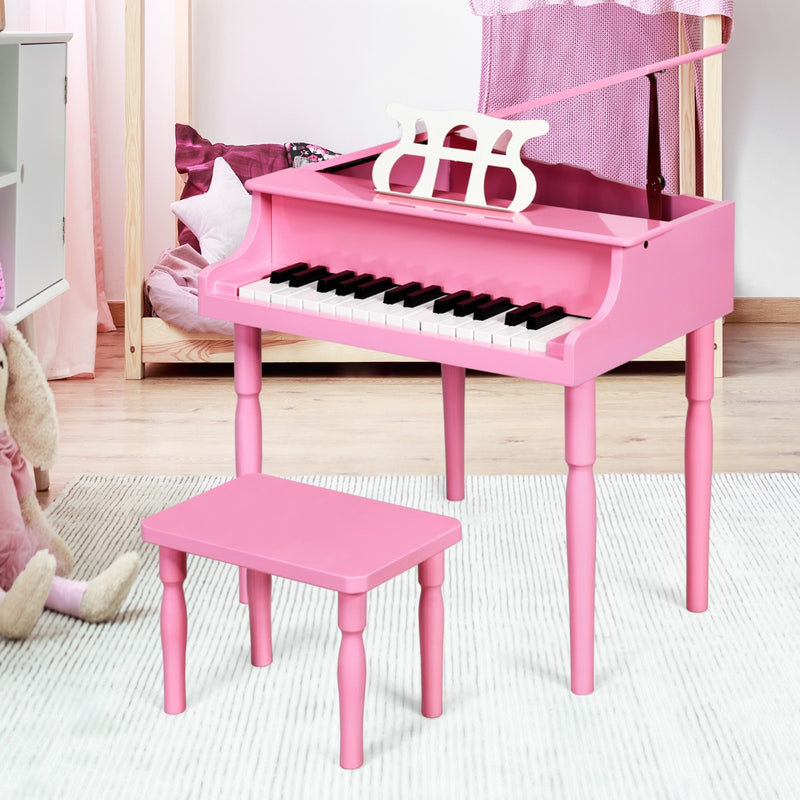 Juguete de instrumento musical clásico de 30 teclas para aprender a tocar con atril y patas de madera maciza, color rosa