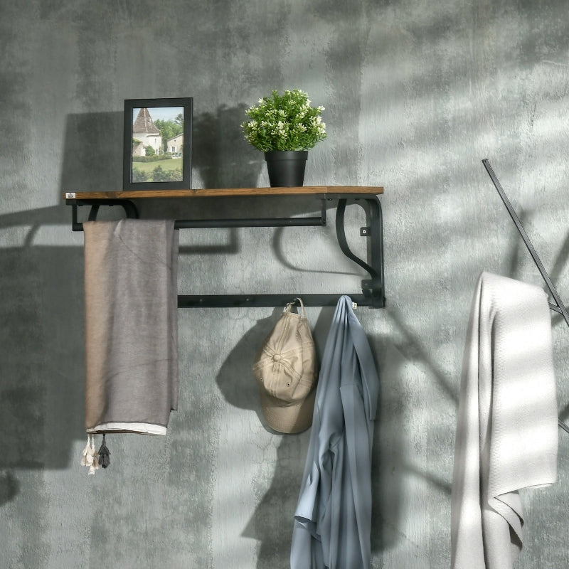 Industrial-Style Floating Wall Shelf, With Hooks And Rod
